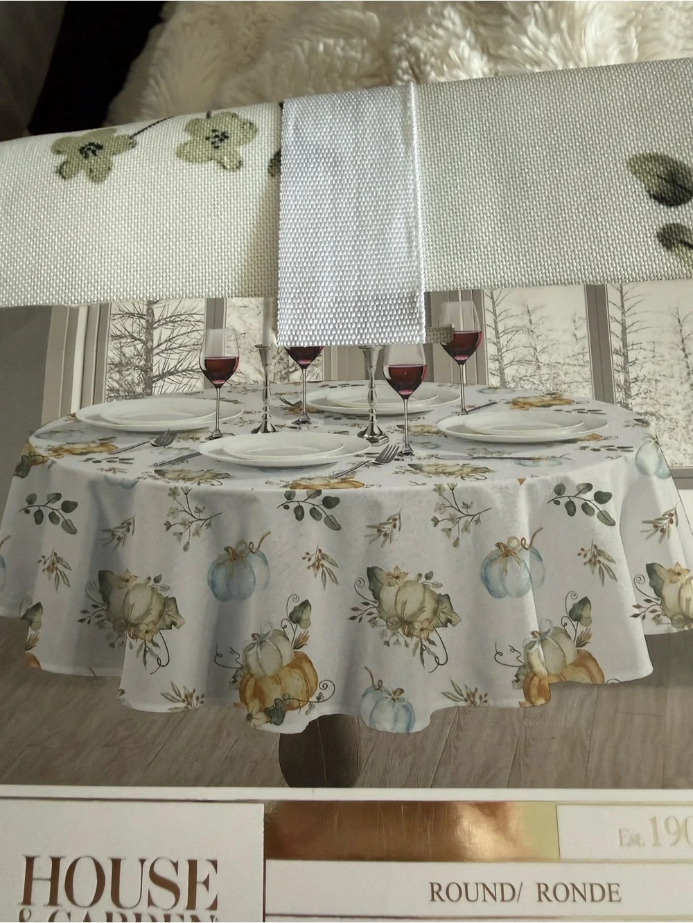 Cream& Blue Pumpkin Floral Round Tablecloth-90”- rare round tablecloth